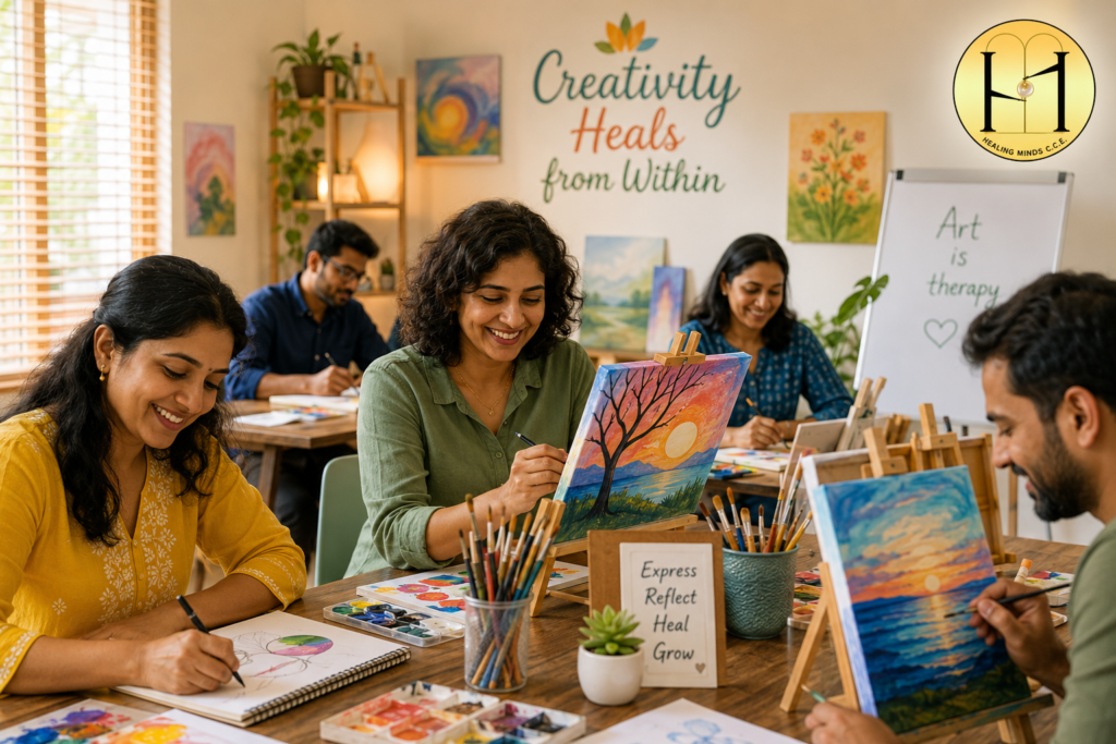 Adults participating in an expressive art therapy mental health workshop in South Kolkata