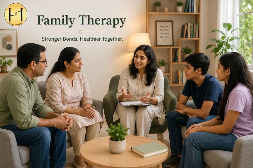 Indian family participating in a professional family therapy session with a psychologist at Healing Minds CCE in South Kolkata.