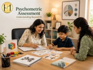 Clinical psychologist conducting a psychometric assessment with a child at Healing Minds CCE in South Kolkata using standardized cognitive and IQ testing tools.
