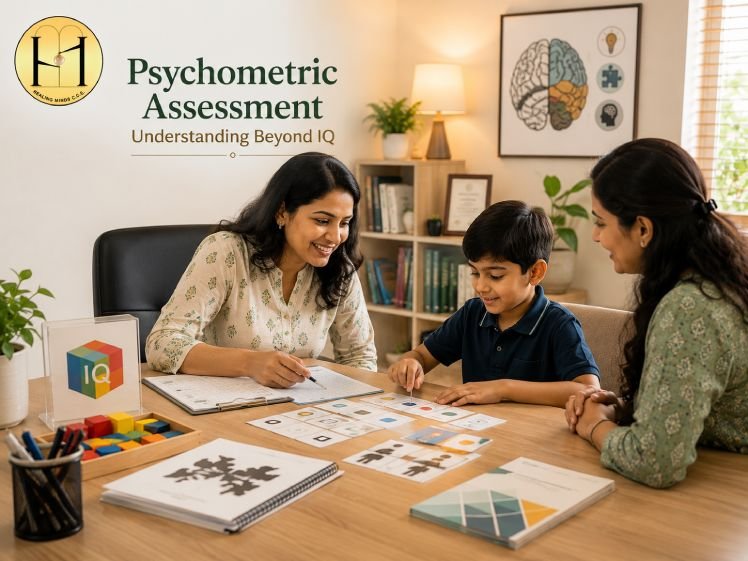 Clinical psychologist conducting a psychometric assessment with a child at Healing Minds CCE in South Kolkata using standardized cognitive and IQ testing tools.