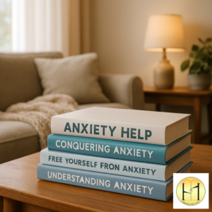 A stack of anxiety help books on a wooden table in a cozy reading nook.