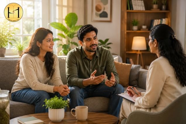 Two individuals discussing conflict resolution during a relationship counselling Kolkata session.