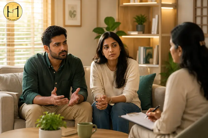 An Indian couple discussing relationship dynamics during a marital therapy Kolkata session.