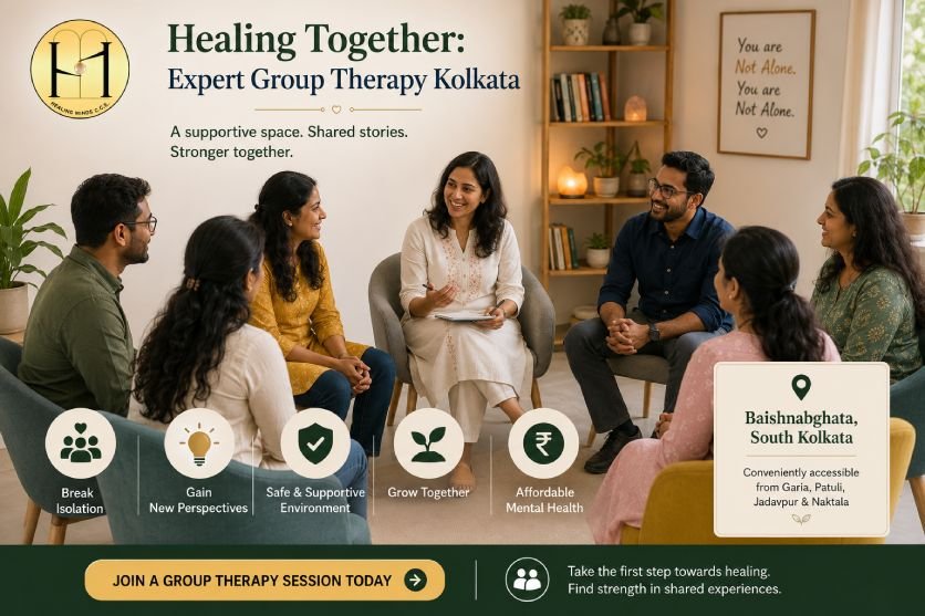 Group therapy session led by a psychologist at Healing Minds CCE in South Kolkata, with adults participating in a supportive mental health discussion.