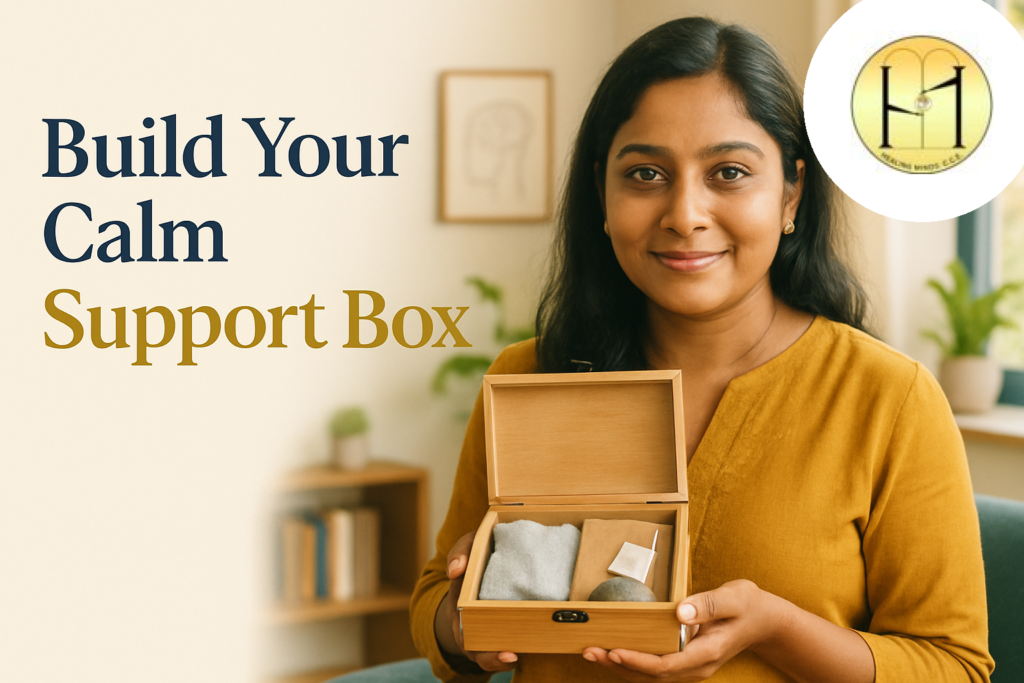 Bengali woman holding an anxiety help box with calming tools at home in Kolkata