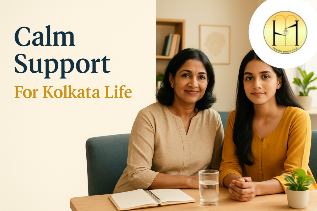 Indian Bengali counsellor supporting a young woman learning to cope with stress and anxiety in Kolkata